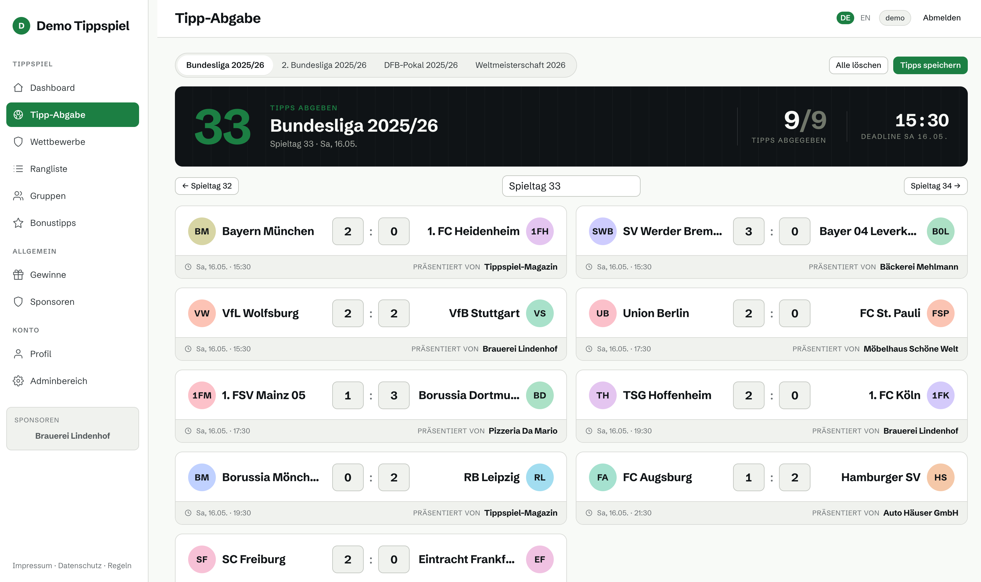 Tipp-Abgabe-Maske mit Spielkarten für Bundesliga, 2. Bundesliga, DFB-Pokal und WM