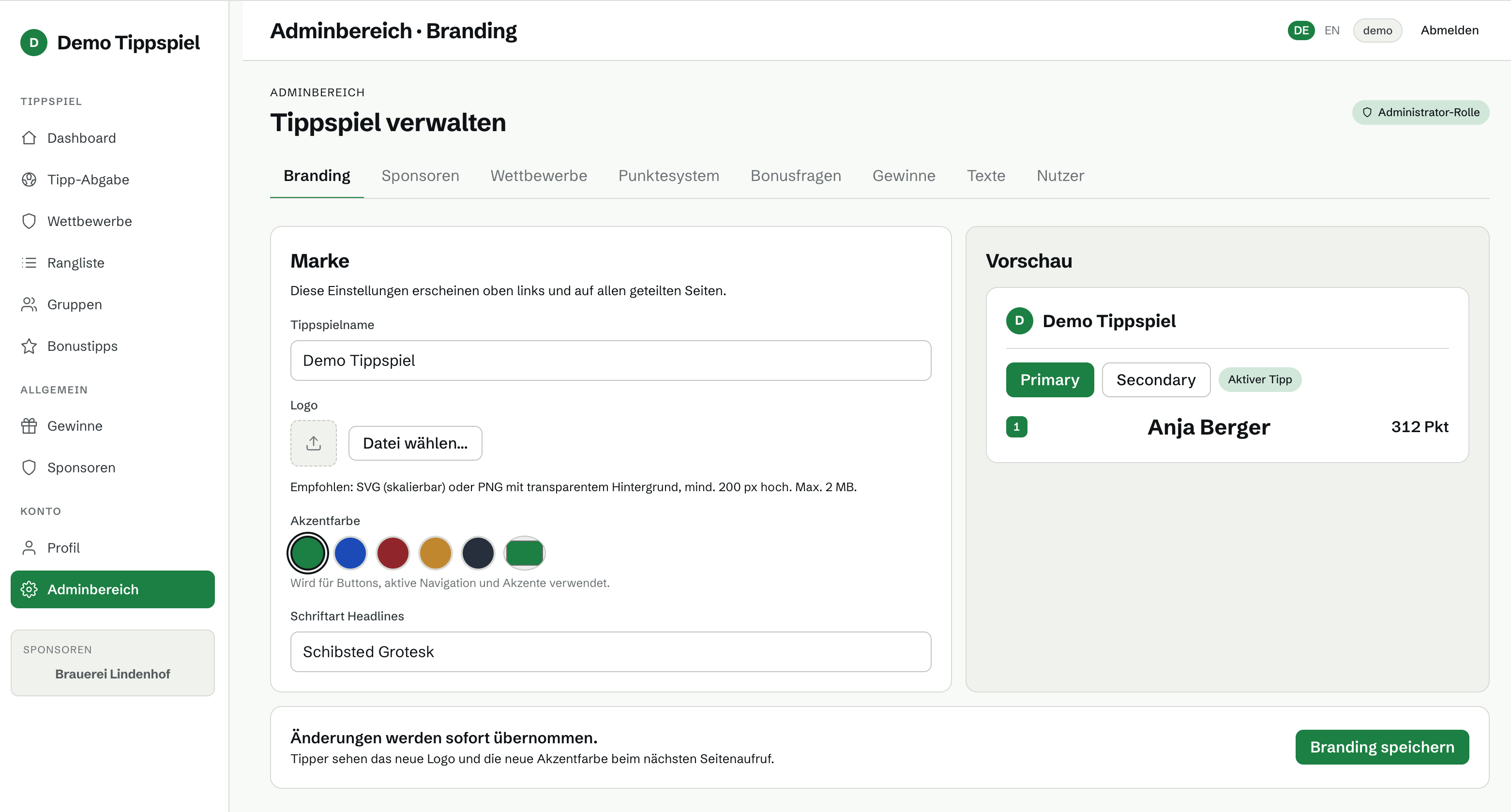 Adminbereich mit Spielplan-, Punkte-, Mitglieder- und Sponsoren-Verwaltung ohne SQL